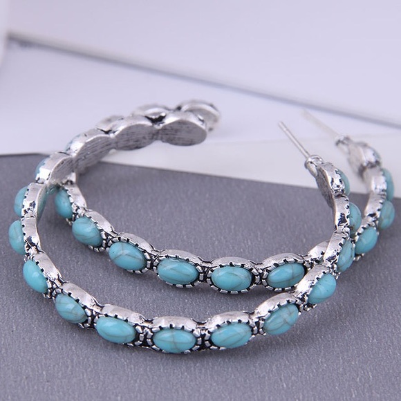 3/$18 Antique Silver and Turquoise Hoops - Picture 3 of 5